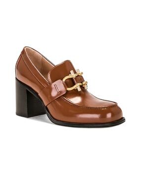 Bottega Veneta Brown Patent Leather Block Heel Loafer with Gold Hardware